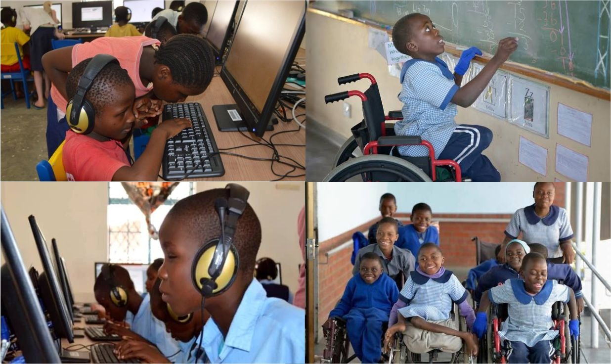  Image shows Children with Disabilities in classroom, using computers connected headphones and sitting together